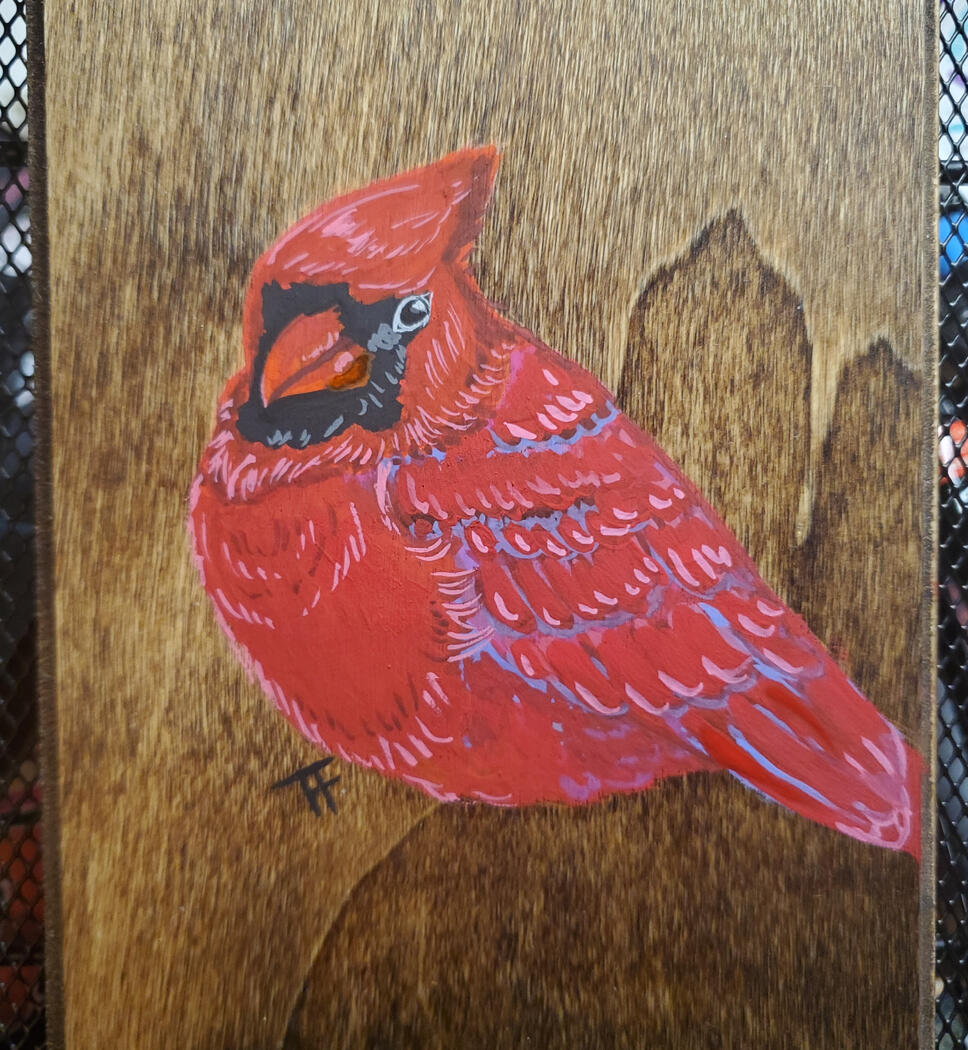 Cardinal on Woodblock - Gouache